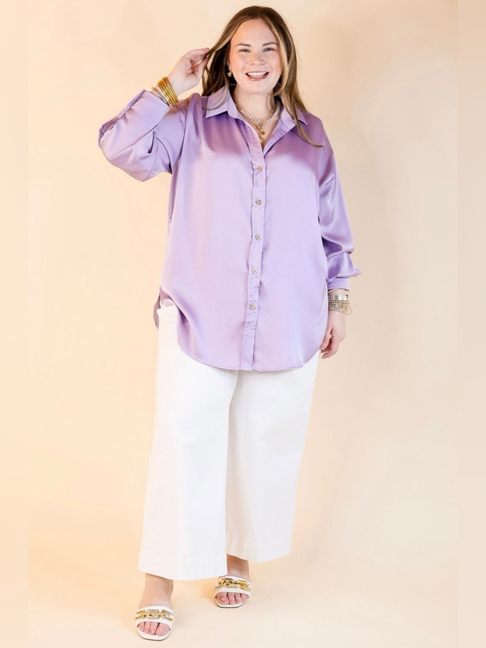 NWT Entro Long Sleeve Button Up Satin Purple Top Size XL